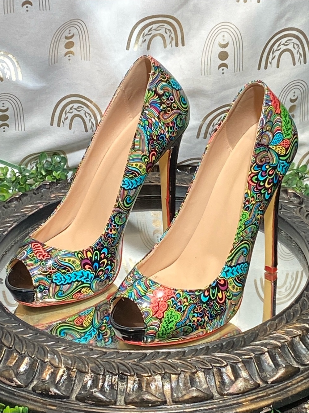 Colorful Paisley Peep-Toe High Heels - Women's Multicolor Pumps